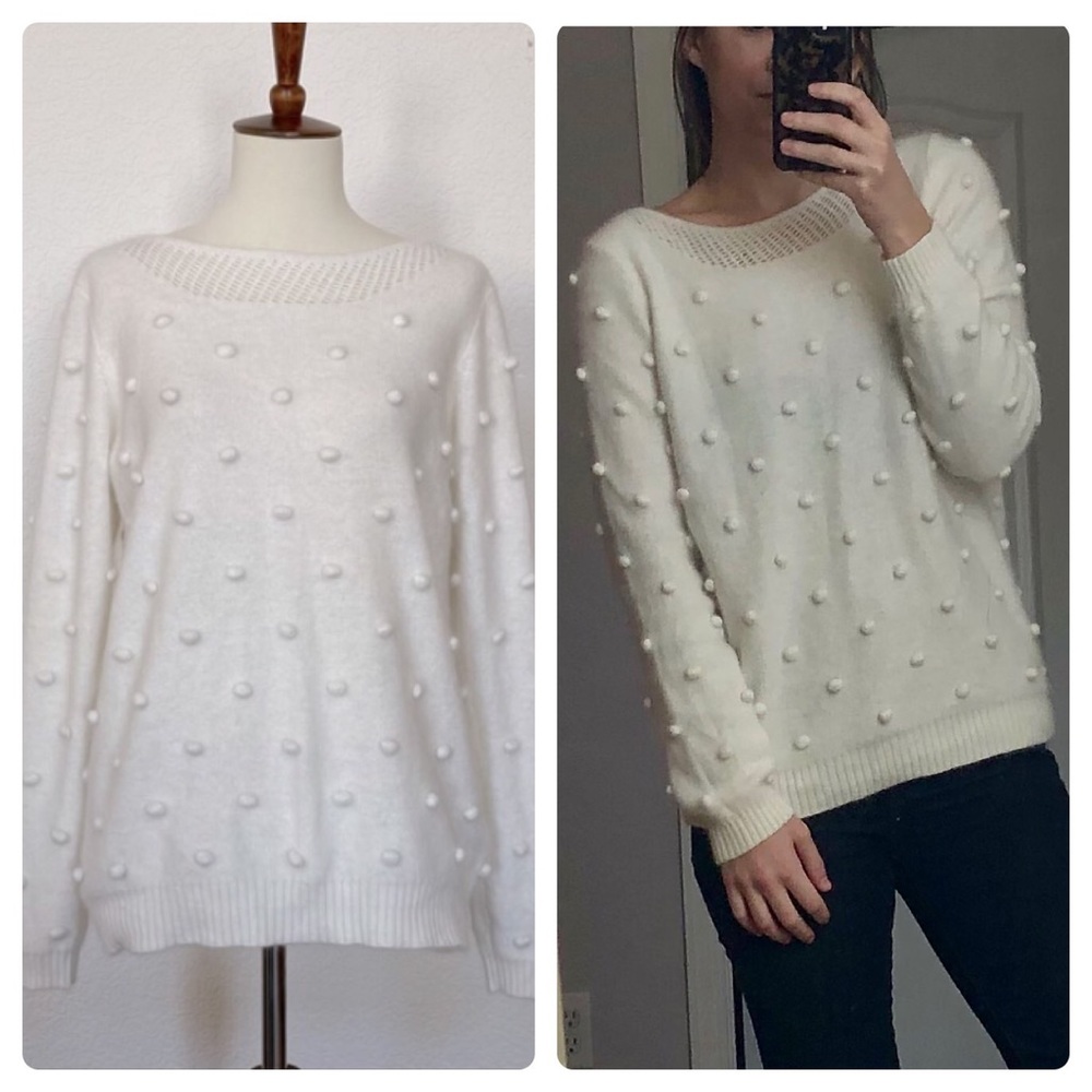 Madewell Wallace off-white rabbit fur pom pom pullover sweater